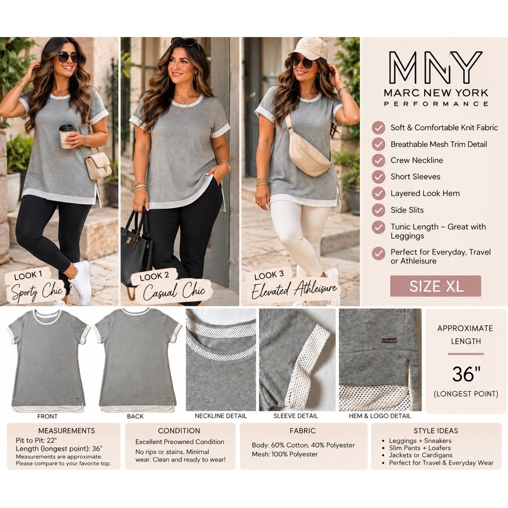 Marc New York Performance Gray Mesh Trim Tunic Top Short Sleeve XL
